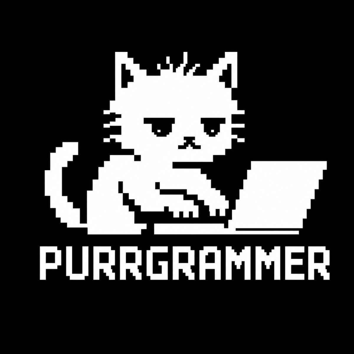 Pixel art cat at a laptop, captioned PURRGRAMMER