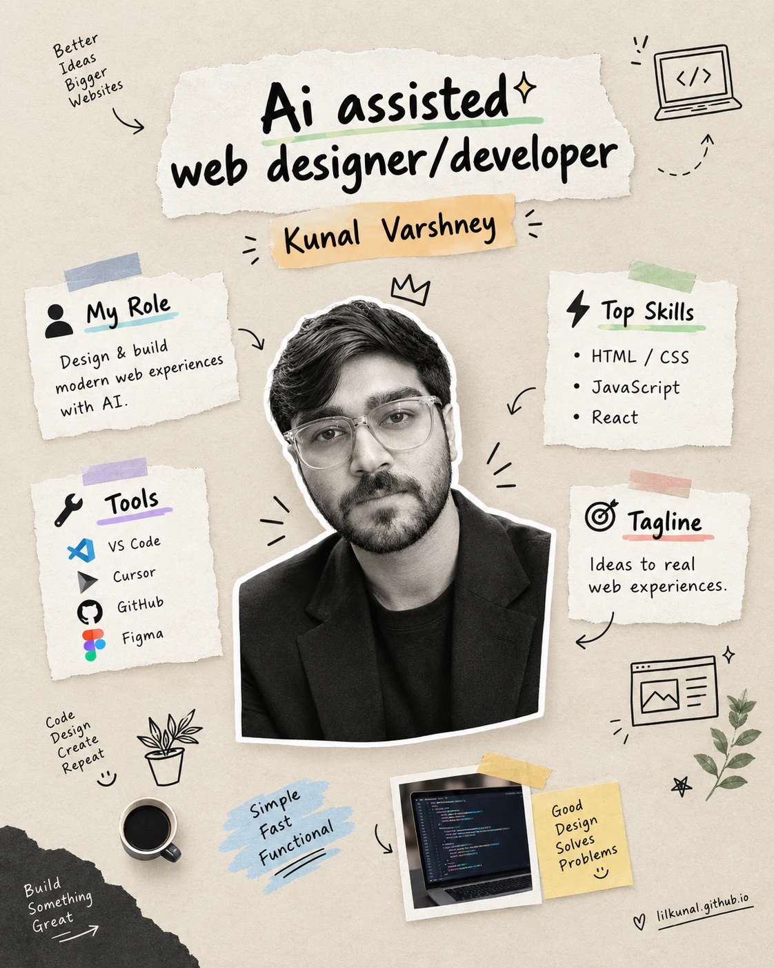 Illustrated profile card: Kunal Varshney, AI-assisted web designer and developer. Role: design and build modern web experiences with AI. Top skills: HTML/CSS, JavaScript, React. Tools: VS Code, Cursor, GitHub, Figma. Tagline: ideas to real web experiences.